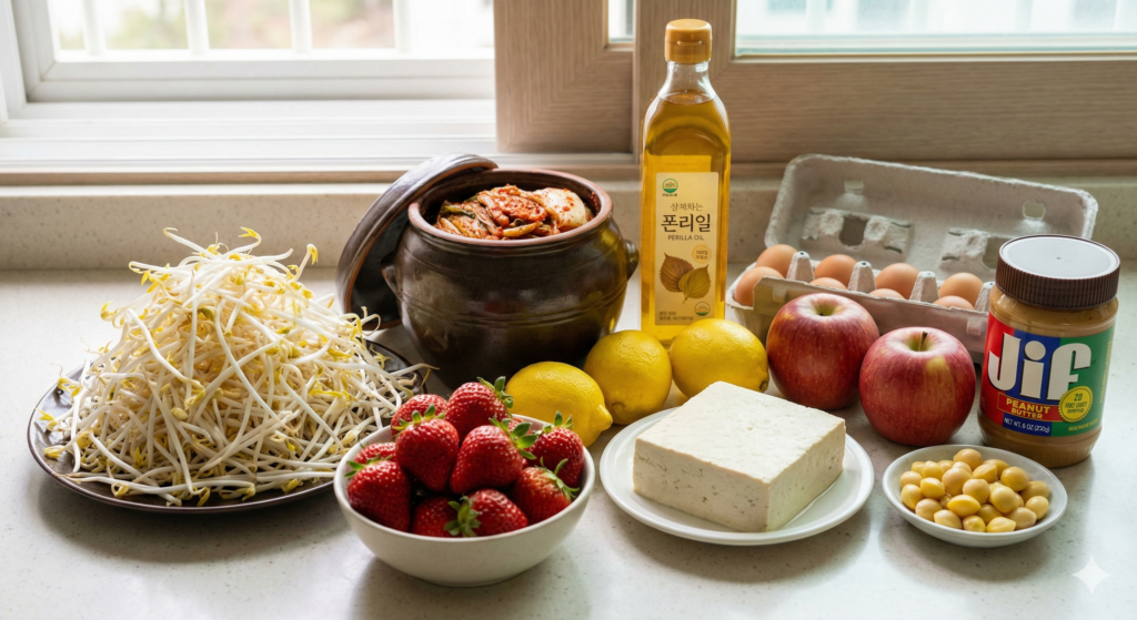 High-quality biohacking ingredients including fresh bean sprouts, strawberries, lemons, firm tofu, aged kimchi, perilla oil, eggs, an apple, peanut butter, and ginkgo nuts.
