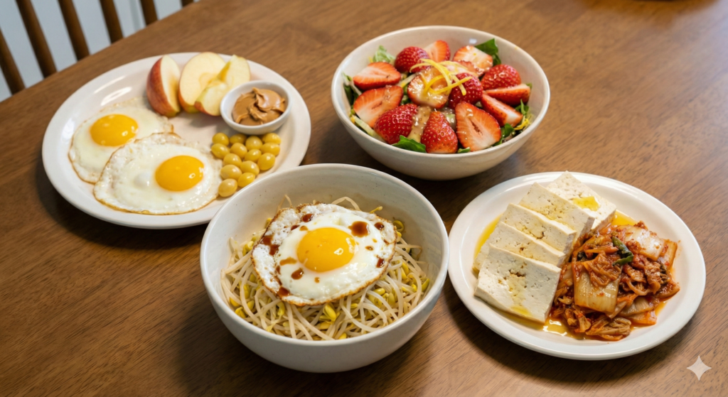 A complete daily biohacking meal spread featuring the fixed morning routine, a bowl of bean sprout bibimbap with a fried egg, strawberry lemon salad, and a plate of warm tofu with stir-fried kimchi.