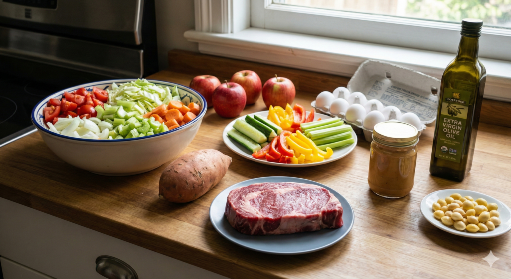 High-quality biohacking ingredients including a variety of colorful vegetables for detox soup, a sweet potato, fresh beef for grilling, vegetable sticks, extra virgin olive oil, eggs, an apple, peanut butter, and ginkgo nuts.