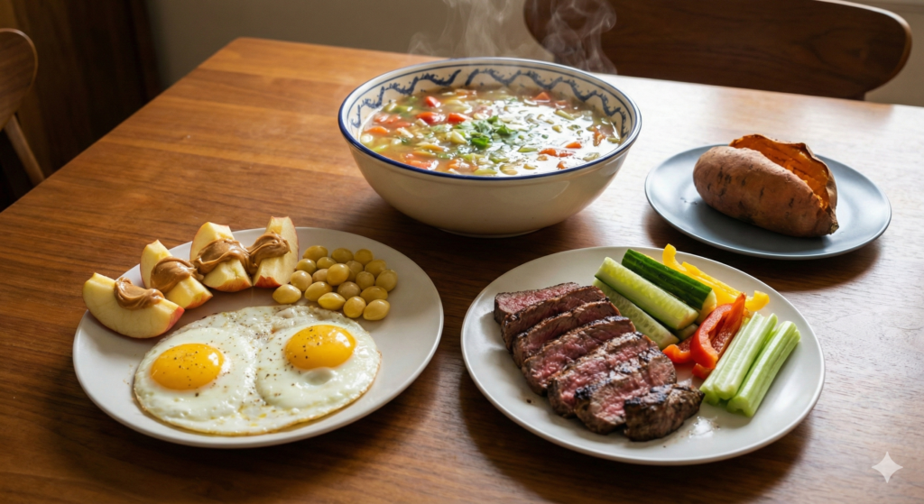 A complete daily biohacking meal spread featuring the fixed morning routine, a steaming bowl of master detox soup, a baked and cooled sweet potato, and a plate of grilled beef with fresh vegetable sticks.