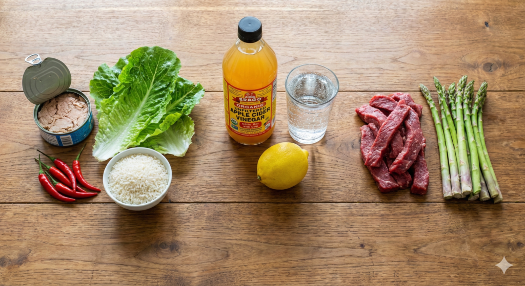 Biohacking raw ingredients for Day 31 menu: canned tuna, fresh lettuce, red chili peppers, white rice, organic apple cider vinegar, a fresh lemon, sparkling water, raw beef strips, and green asparagus arranged on a wooden table.