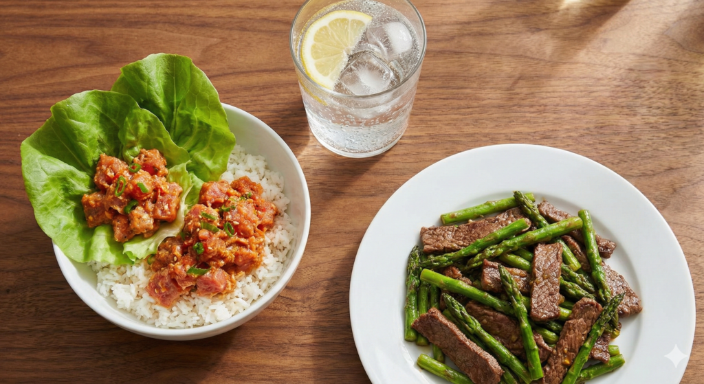A flat lay photograph showing the complete Day 31 biohacking menu: A Spicy Tuna Lettuce Wrap with rice, a glass of Apple Cider Vinegar Sparkling Water with lemon, and a plate of Beef and Asparagus Stir-fry arranged neatly on a wooden table.