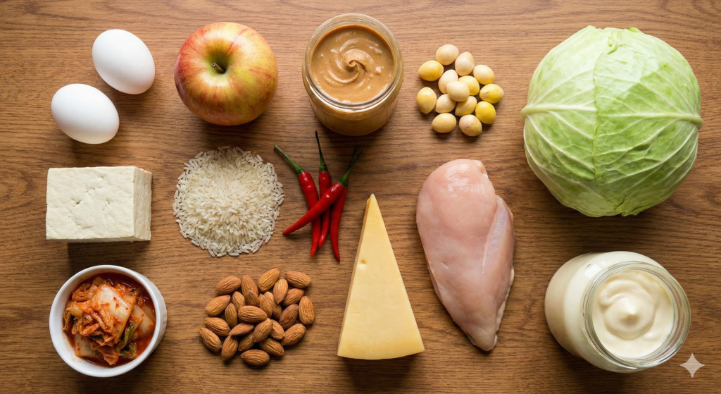 A top-down photograph showing the raw ingredients for the Day 32 biohacking menu, arranged on a wooden table. Includes eggs, apple, peanut butter, ginkgo nuts, tofu, rice, chili peppers, almonds, cheese, chicken breast, cabbage, kimchi, and mayonnaise.