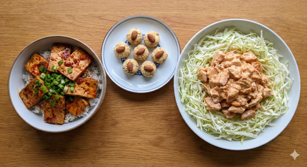 A top-down photograph showing the complete Day 32 biohacking menu on a wooden table: Spicy braised tofu rice bowl, a plate of almond cheese bites, and a bowl of chicken breast kimchi mayo on cabbage.