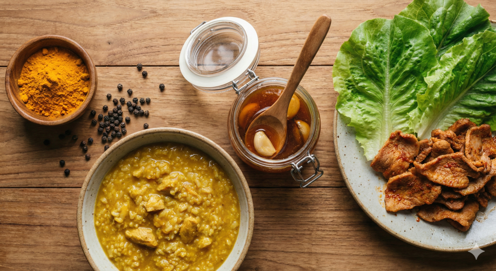 A curated flat lay of Day 33 biohacking ingredients including turmeric powder, fermented garlic honey, and fresh lettuce for immune fortification and neuroprotection.