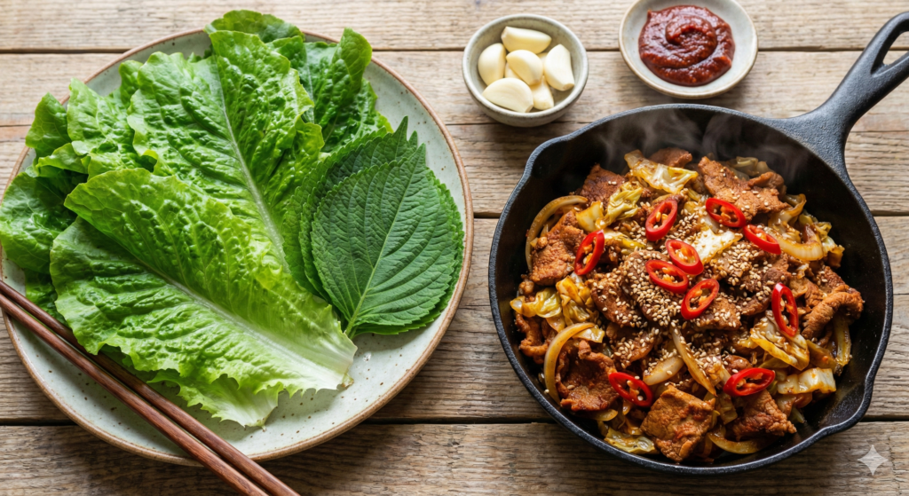 A vibrant lunch plate of spicy pork stir-fry in a cast iron pan served with fresh lettuce and perilla leaves for sustained metabolic energy.