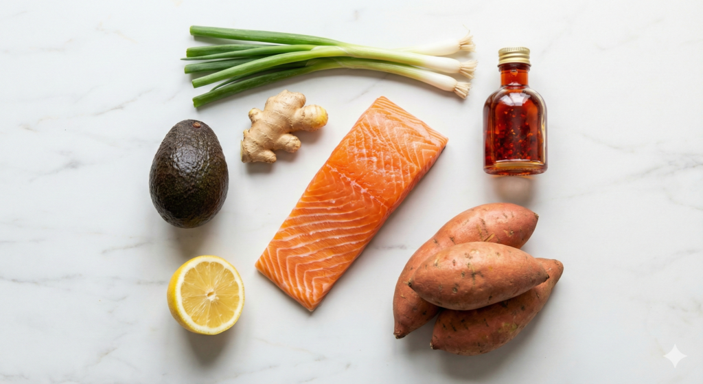 A clean flat lay of Day 34 biohacking ingredients including wild-caught salmon, avocado, fresh ginger root, and scallions on a modern countertop.