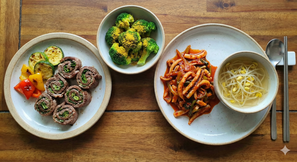 소고기 대파 말이, 머스타드 가루를 곁들인 찐 브로콜리, 맑은 콩나물 국과 오징어 볶음으로 구성된 생동감 넘치는 건강 최적화 식단 한 상.