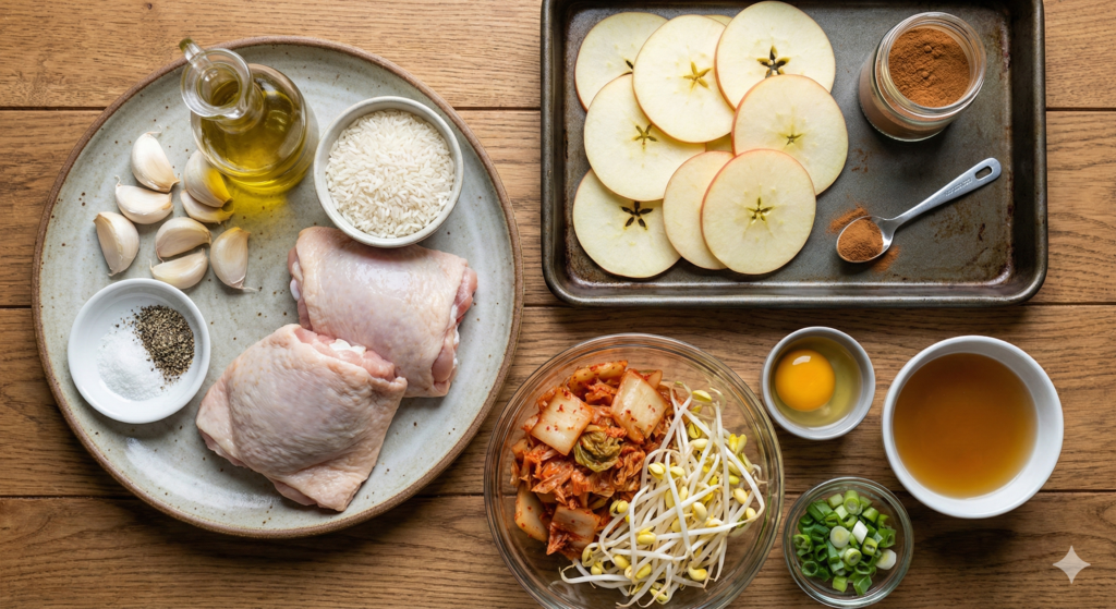 A healthy day of biohacking meals featuring roasted garlic chicken thigh, baked cinnamon apple chips, and a warm bowl of kimchi soybean sprout soup with an egg.