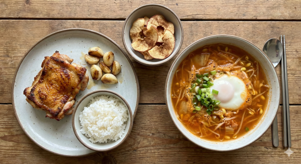A well-organized flat lay of Day 36 biohacking ingredients including chicken thighs, whole garlic cloves, fresh apples with Ceylon cinnamon, kimchi, and soybean sprouts.
