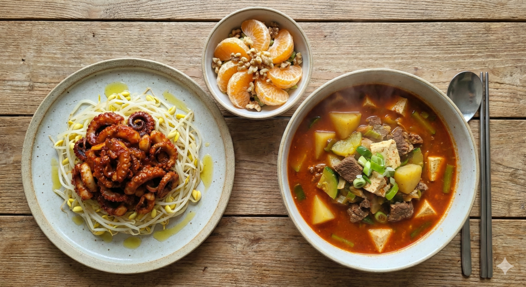 A dynamic display of Day 37 biohacking meals: spicy octopus stir-fry over bean sprouts, a fresh tangerine walnut salad, and a hearty bowl of beef tofu gochujang stew.