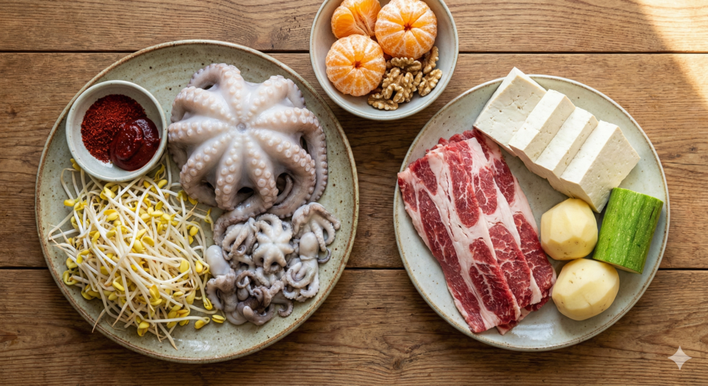 A vibrant flat lay of Day 37 biohacking ingredients including fresh octopus, bean sprouts, gochugaru, tangerines, walnuts, beef brisket, and tofu on a rustic background.