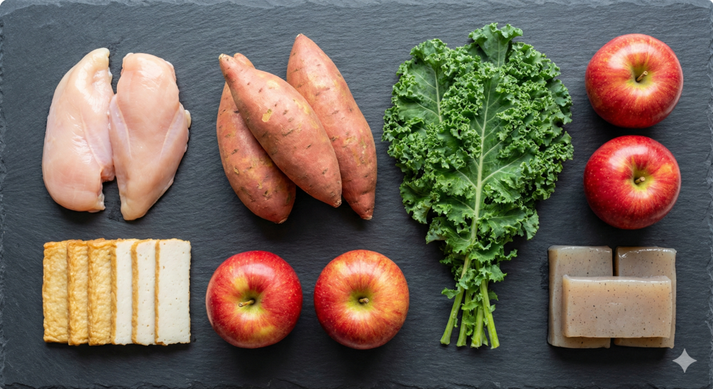 38일 차 에너지 대사 및 세포 해독 바이오해킹 식단 재료인 닭고기, 고구마, 신선한 케일, 사과, 어묵, 곤약이 슬레이트 배경 위에 정갈하게 놓여 있는 모습.