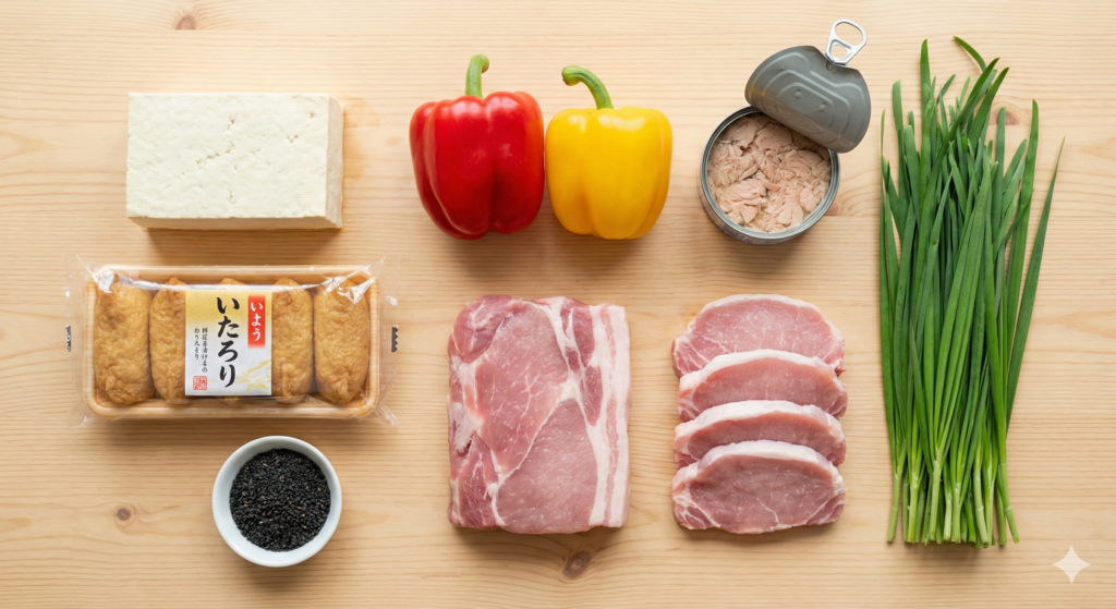 A clean flat lay photograph of Day 39 biohacking ingredients on a wooden table, featuring fresh tofu, fried tofu pouches, red and yellow paprika, canned tuna, sliced pork loin, and a bunch of green garlic chives.