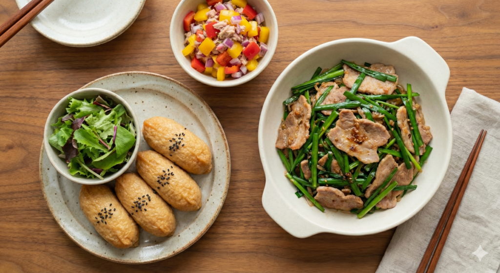 A beautiful overhead spread of Day 39 biohacking meals featuring Tofu Inari Sushi, Paprika Tuna Salad, and High-Protein Buchu Japchae arranged on a wooden table.
