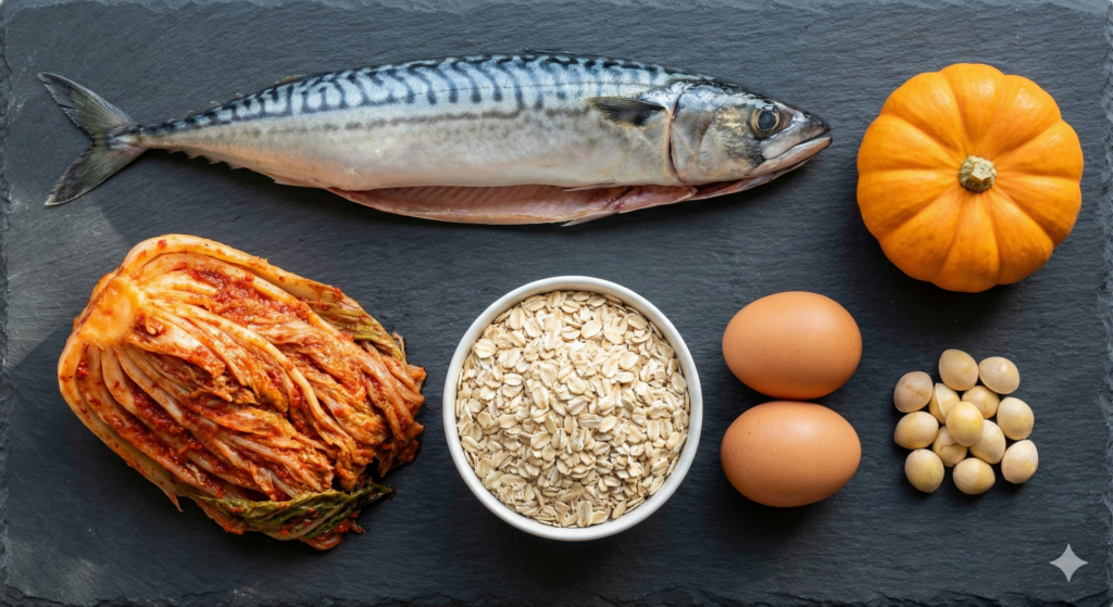 A clean flat lay photograph of Day 40 biohacking ingredients on a slate background, featuring fresh mackerel, aged kimchi, a mini sweet pumpkin, rolled oats, and organic eggs.