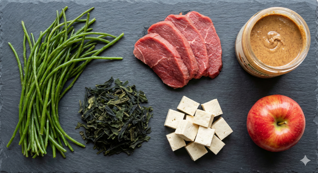 A clean flat lay photograph of Day 41 biohacking ingredients on a slate background, featuring fresh seaweed stems, dried wakame, lean beef slices, firm tofu, almond butter, and a fresh apple.
