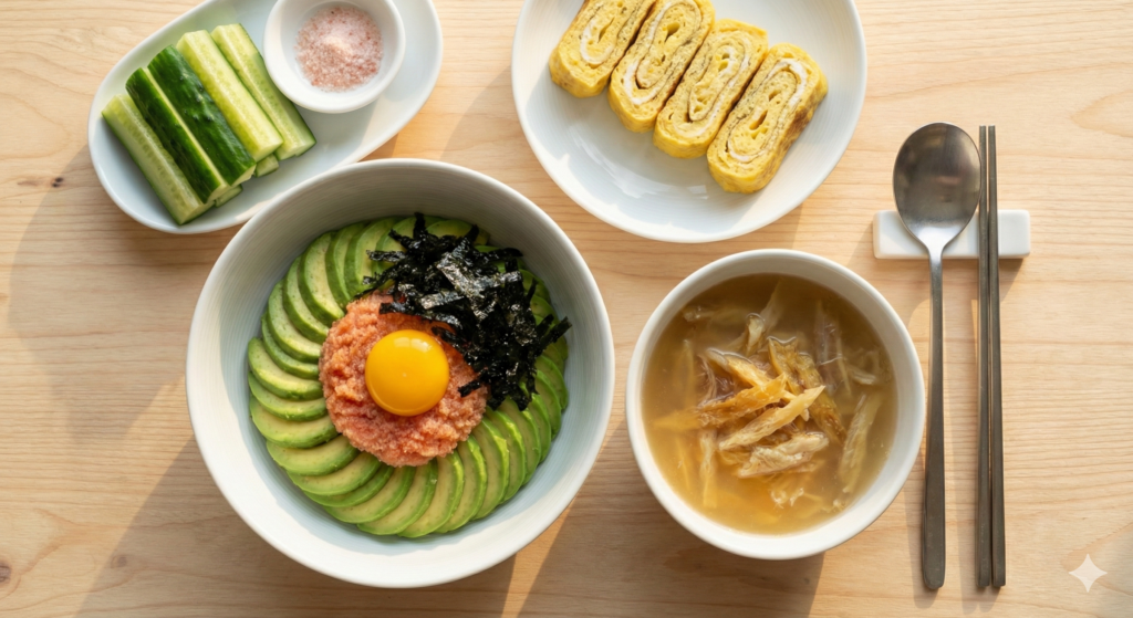 An overhead spread of Day 42 biohacking meals featuring a creamy Avocado Pollock Roe Bibimbap, crisp Cucumber slices with Pink Salt dip, and a restorative bowl of Dried Pollock Soup alongside a Rolled Omelet.