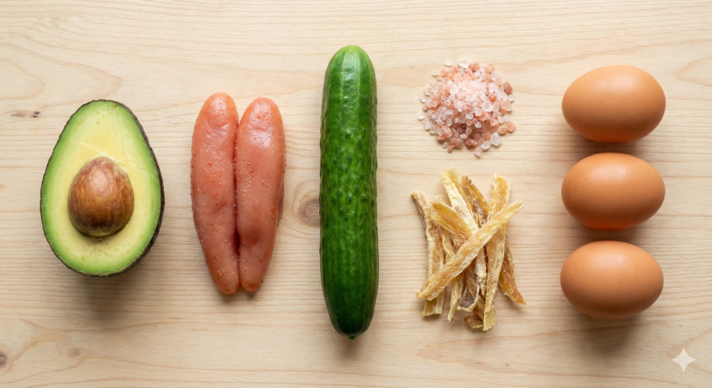 A flat lay photograph of Day 42 biohacking ingredients on a wooden background, featuring a ripe avocado, salted pollock roe, fresh cucumber, pink Himalayan salt, dried pollock strips, and organic eggs.