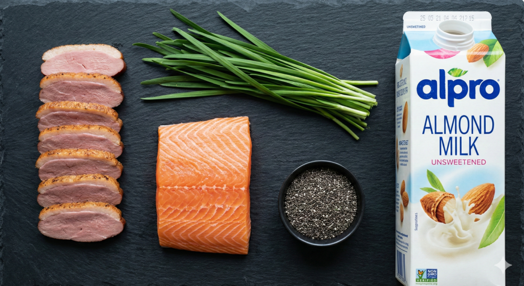 A clean flat lay photograph of Day 43 biohacking ingredients on a dark slate background, featuring premium smoked duck, fresh salmon fillet, green garlic chives, chia seeds, and unsweetened almond milk.