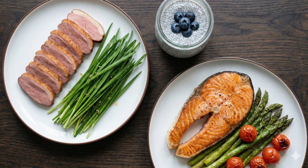 A beautiful overhead spread of Day 43 biohacking meals featuring Pan-seared Smoked Duck with Chive Salad, a glass of creamy Chia Seed Pudding, and a golden Salmon Steak with Roasted Vegetables.
