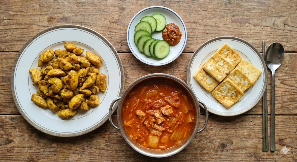 A beautiful overhead spread of Day 44 biohacking meals featuring Golden Garlic Curry Chicken Stir-fry, crisp Cucumber slices with Ssamjang dip, and a bubbling pot of Kimchi Tuna Stew alongside golden Pan-fried Tofu slices.