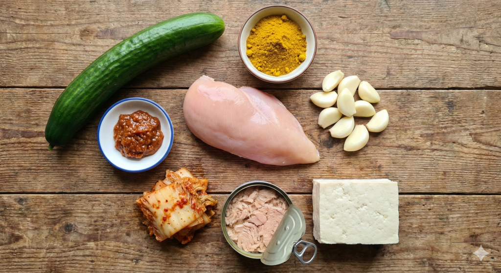 A clean flat lay photograph of Day 44 biohacking ingredients on a rustic wooden background, featuring lean chicken breast, lots of garlic cloves, vibrant yellow curry powder, fresh cucumber, Korean ssamjang paste, aged kimchi, canned tuna, and firm tofu.