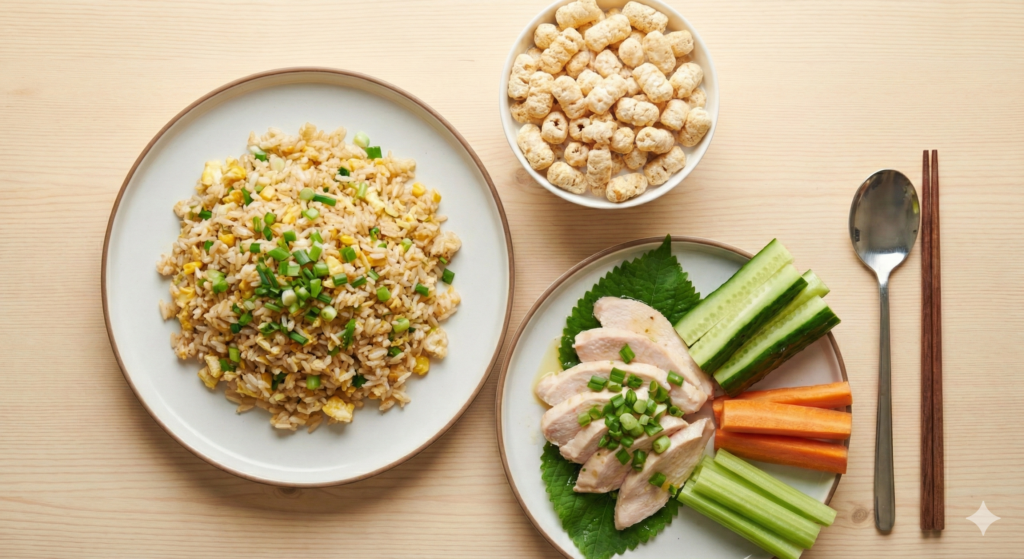 An overhead spread of Day 45 biohacking meals featuring aromatic Green Onion Egg Fried Rice, a bowl of Puffed Corn with Almond Milk, and a fresh Chicken Breast Perilla Oil Salad with crunchy Vegetable Sticks.