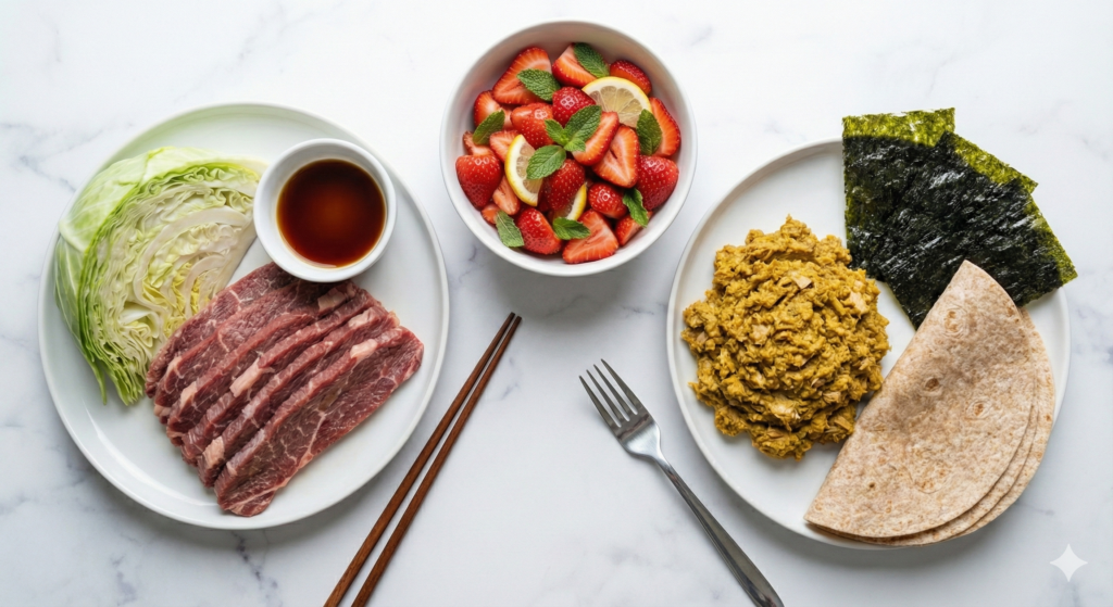 46일 차 바이오해킹 식단 항공샷. 층층이 쌓아 쪄낸 소고기 양배추 찜과 소스, 생기 넘치는 딸기 레몬 샐러드 볼, 그리고 또띠아 및 김과 함께 제공되는 감칠맛 나는 참치 카레 버무리.