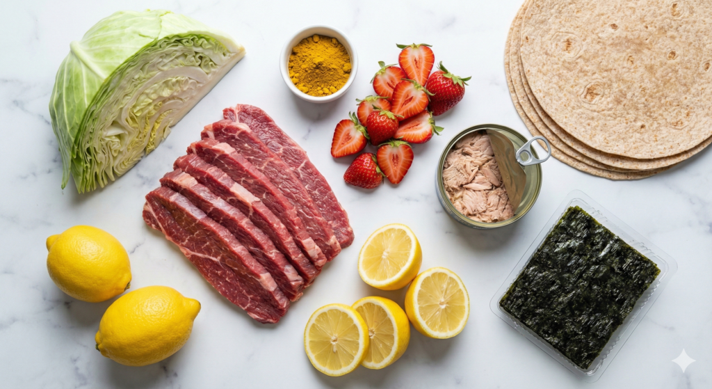대리석 배경 위에 정갈하게 놓인 46일 차 바이오해킹 식단 재료들. 얇게 썬 소고기, 큼직한 양배추, 신선한 딸기, 레몬, 카레가루, 참치캔, 통밀 또띠아, 그리고 김.