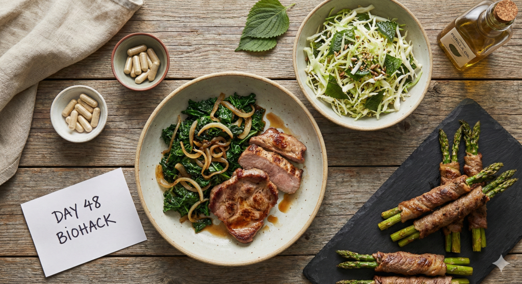 An elegant overhead spread of Day 48 biohacking meals featuring Sautéed Kale and Onion with Grilled Pork Neck, a fresh Cabbage Perilla Oil Salad, and golden-brown Beef-wrapped Asparagus.