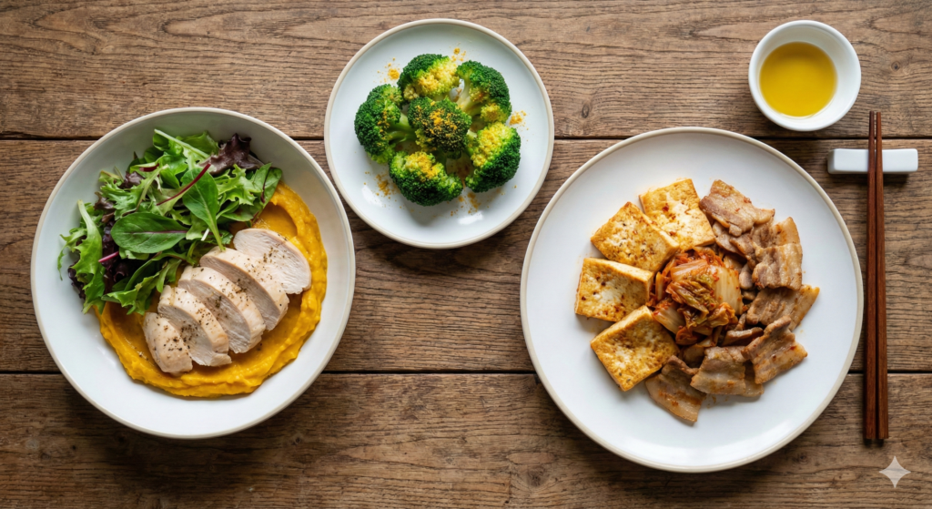 Day 49 completed biohacking meals: Kabocha Cinnamon Mash, Broccoli with Mustard Powder, and Tofu Kimchi with Meat, arranged for a gut-health protocol.