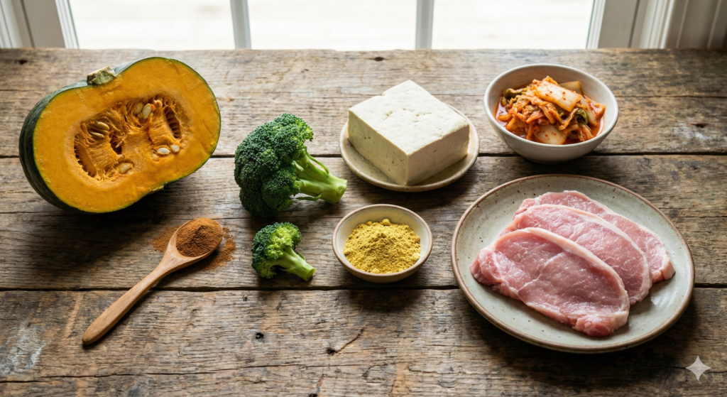 Day 49 biohacking ingredients: raw kabocha squash, Ceylon cinnamon, organic broccoli, mustard powder, firm tofu, fermented kimchi, and fresh meat cuts.