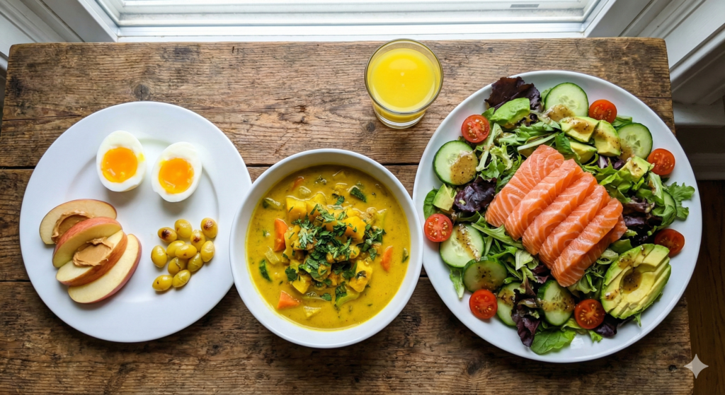계란과 은행이 포함된 아침 루틴 플레이트, 야채 듬뿍 강황 카레, 생강 레몬 샷, 그리고 푸짐한 생 연어 회 샐러드가 정갈하게 차려진 50일차 바이오해킹 식단 항공샷.