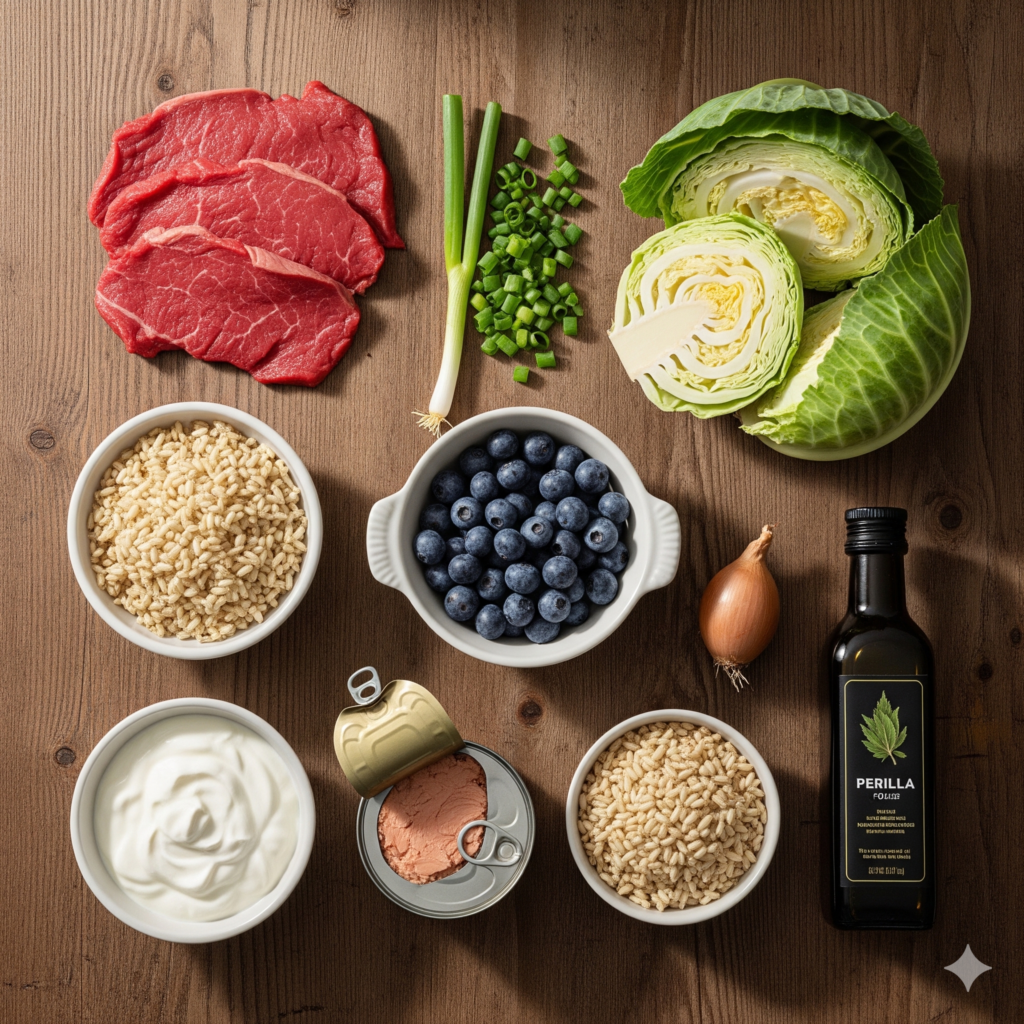 : A professional flat lay photograph of Day 51 biohacking ingredients on a rustic wooden table, featuring raw grass-fed beef, fresh scallions, blueberries, Greek yogurt, tuna, cabbage, and sprouted brown rice.