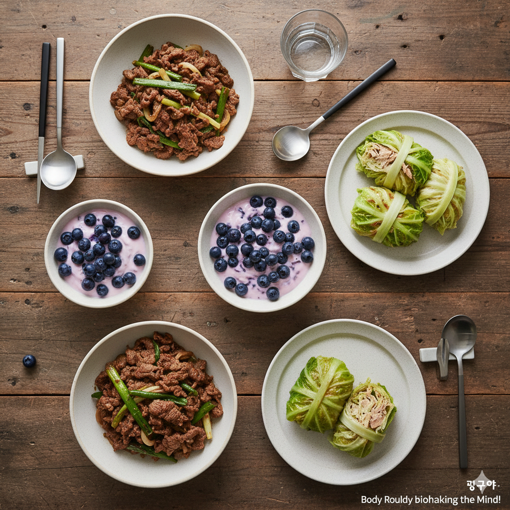 A perfectly balanced Day 51 biohacking meal featuring an amino-acid rich beef stir-fry, gut-healing probiotic yogurt, and an Omega-3 loaded tuna wrap.