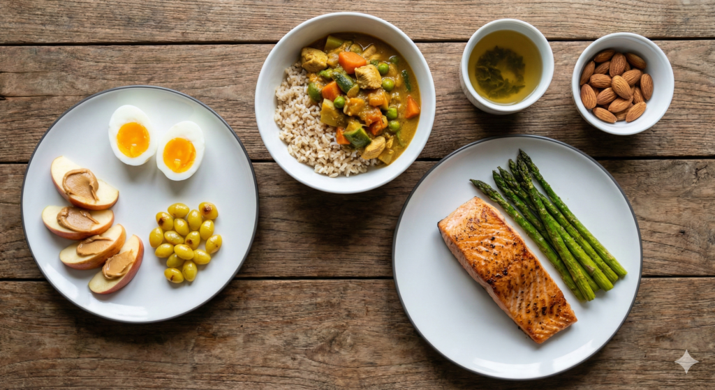 An elegant overhead spread of completed Day 52 biohacking meals: morning routine plate with eggs and ginkgo nuts, chicken vegetable curry, green tea with almonds, and grilled salmon with asparagus.
