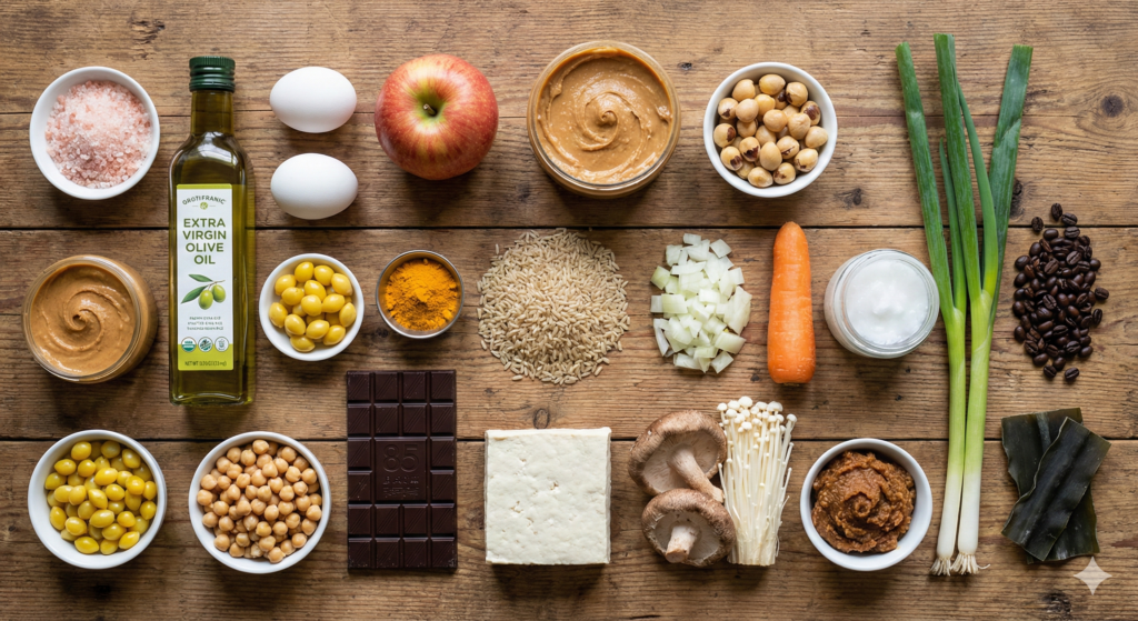 A professional flat lay photograph of Day 53 biohacking ingredients on a rustic wooden table, featuring pink salt, olive oil, eggs, apple, peanut butter, ginkgo nuts, chickpeas, turmeric powder, brown rice, dark chocolate, coffee, tofu, mushrooms, and doenjang.