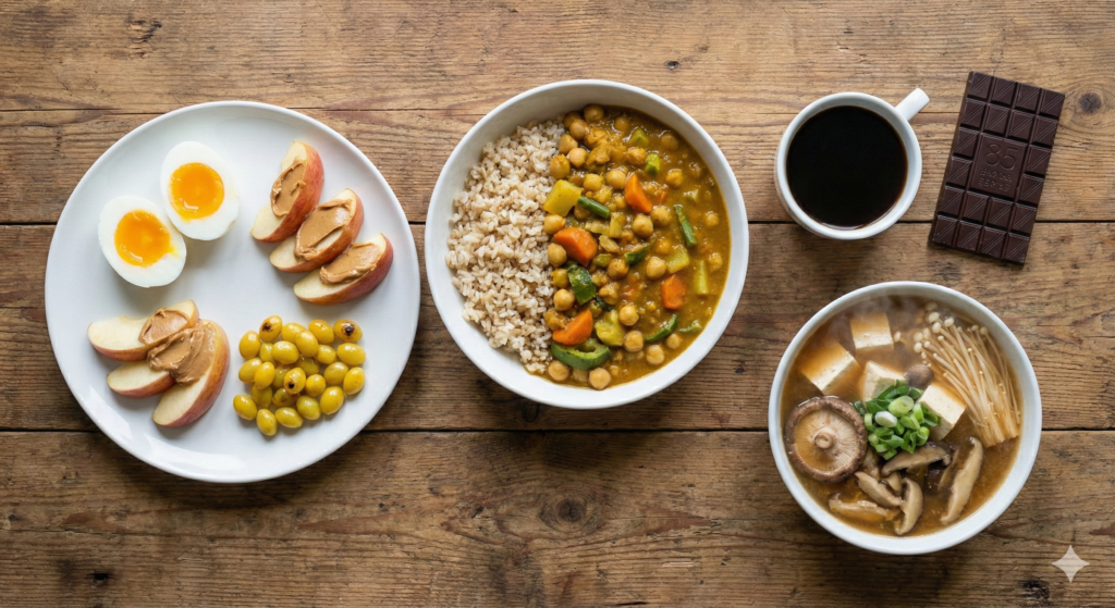 An elegant overhead spread of completed Day 53 biohacking meals: morning routine plate with eggs and ginkgo nuts, chickpea brown rice curry, dark chocolate and coffee stack, and doenjang tofu mushroom hot pot.