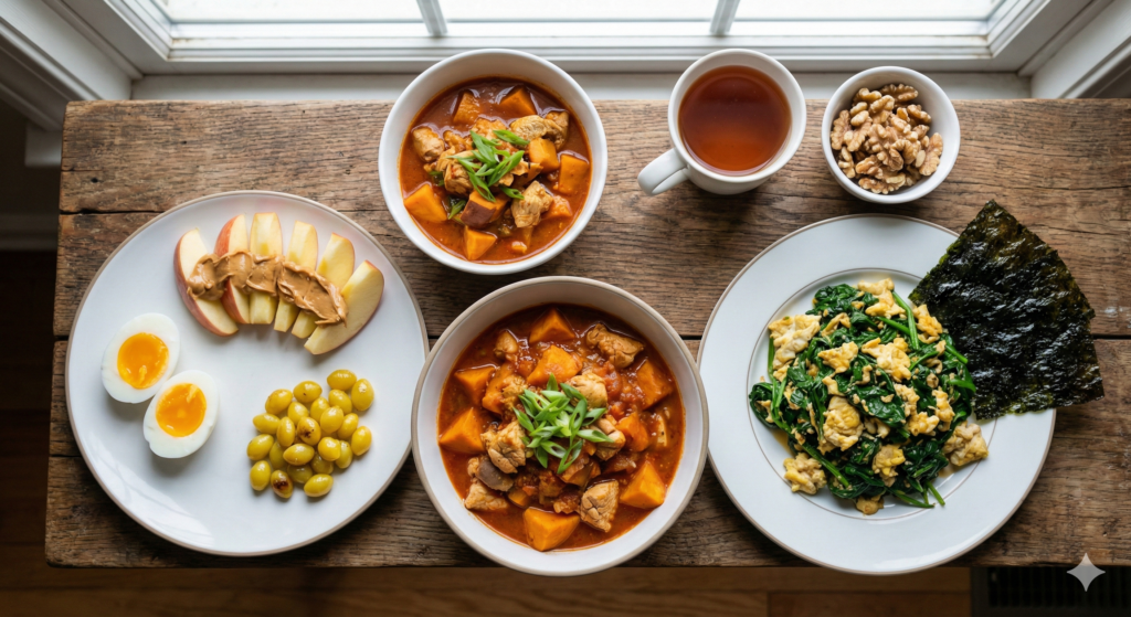 An elegant overhead spread of completed Day 55 biohacking meals: morning routine plate with eggs and ginkgo nuts, spicy chicken and sweet potato stew, Rooibos tea with walnuts, and spinach egg stir-fry with seaweed.
