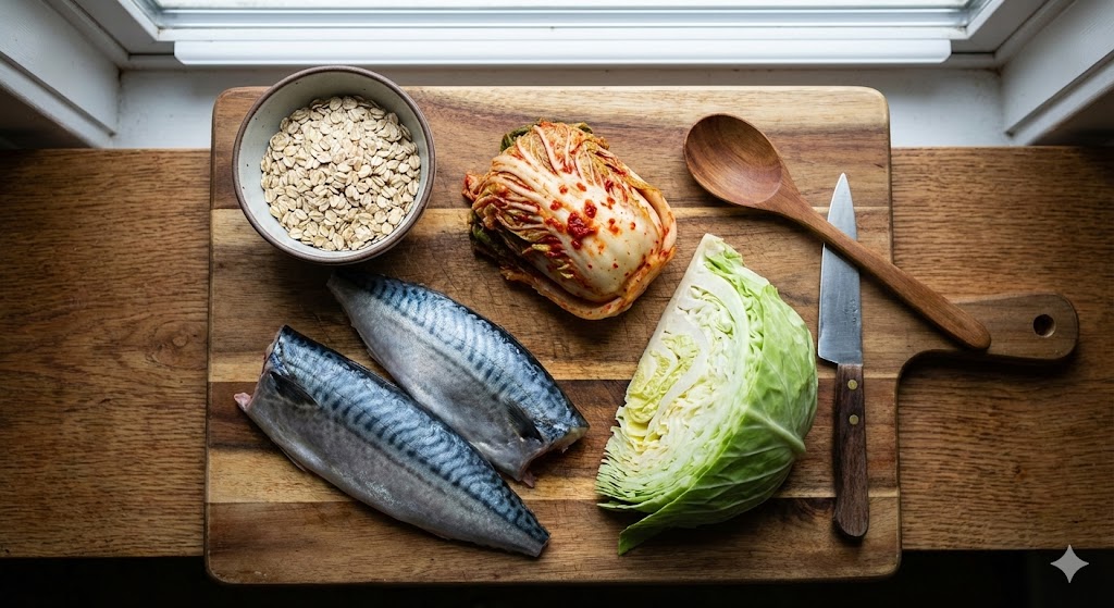 Fresh raw ingredients for the Day 56 biohacking meal, including Omega-3 rich mackerel, fermented kimchi, crisp cabbage, and rolled oats on a rustic wooden board.