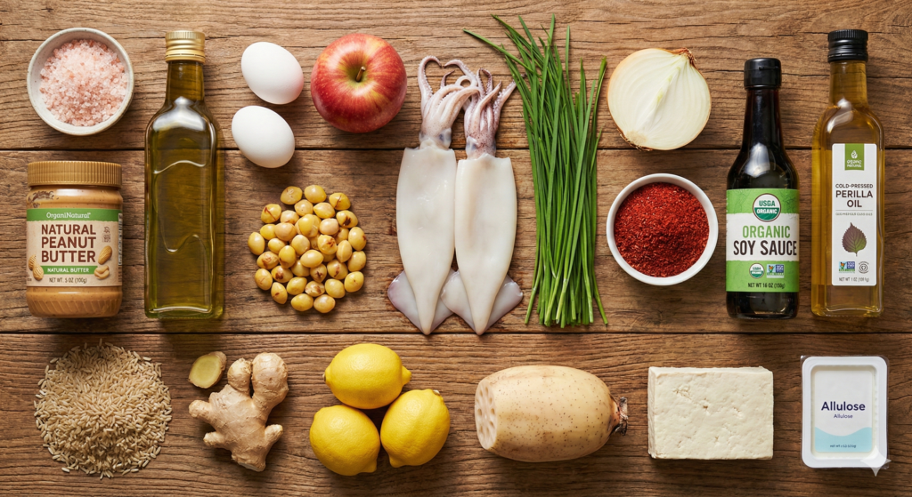 A professional flat lay photograph of Day 57 biohacking ingredients on a rustic wooden table, featuring pink salt, olive oil, eggs, apple, peanut butter, ginkgo nuts, fresh squid, chives, onion, gochugaru, soy sauce, perilla oil, brown rice, ginger, lemon, lotus root, tofu, and allulose.