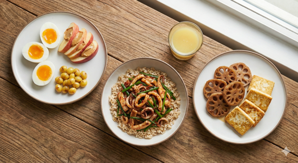 An elegant overhead spread of completed Day 57 biohacking meals: morning routine plate with eggs and ginkgo nuts, spicy squid and chive stir-fry with brown rice, a ginger lemon shot, and braised lotus root with pan-fried tofu.