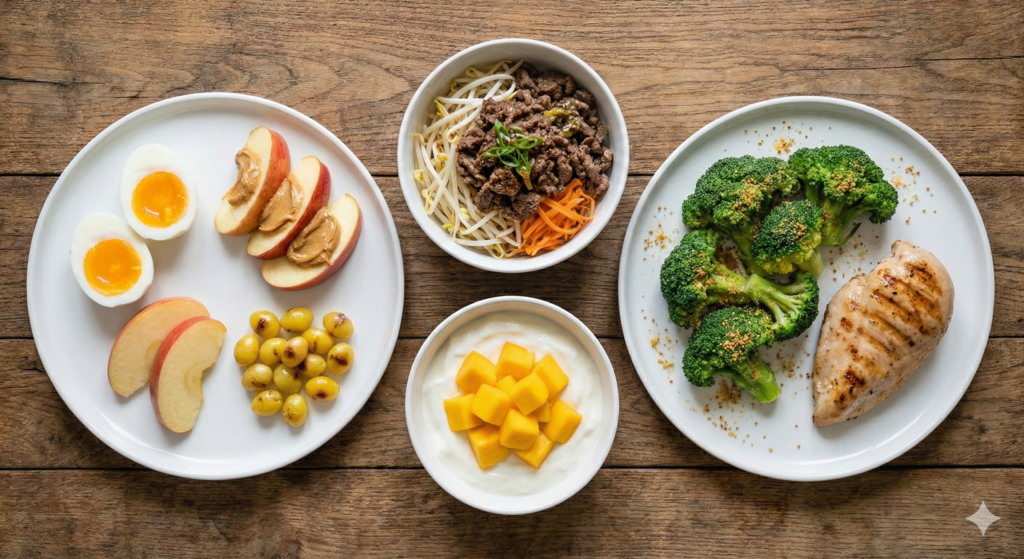 An elegant overhead spread of completed Day 58 biohacking meals: morning routine plate with eggs and ginkgo nuts, bean sprout and beef bibimbap, mango Greek yogurt bowl, and broccoli mustard with chicken breast.