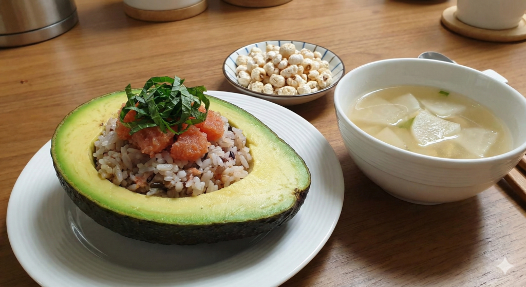 뇌 신경 지질 로딩을 위한 명란 아보카도 보울, 천연 소화 효소가 가득한 맑은 무국, 그리고 포만감을 위한 강냉이로 구성된 59일차 바이오해킹 완성 식단.