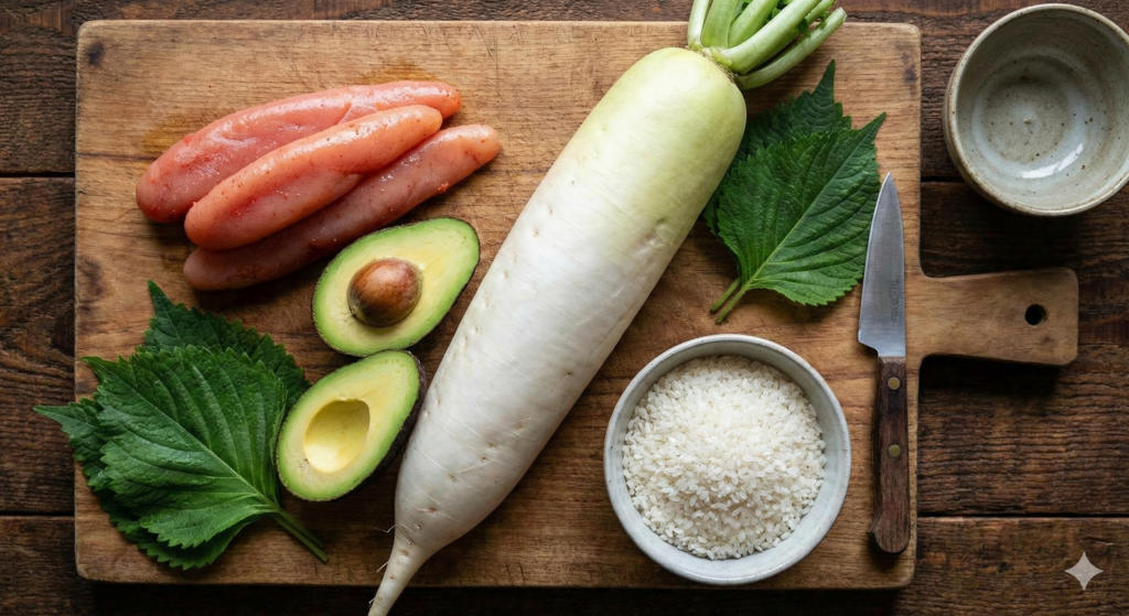 나무 도마 위에 준비된 59일차 신경 지질 바이오해킹 식재료인 저염 백명란, 신선한 아보카도, 흰 무, 그리고 깻잎.