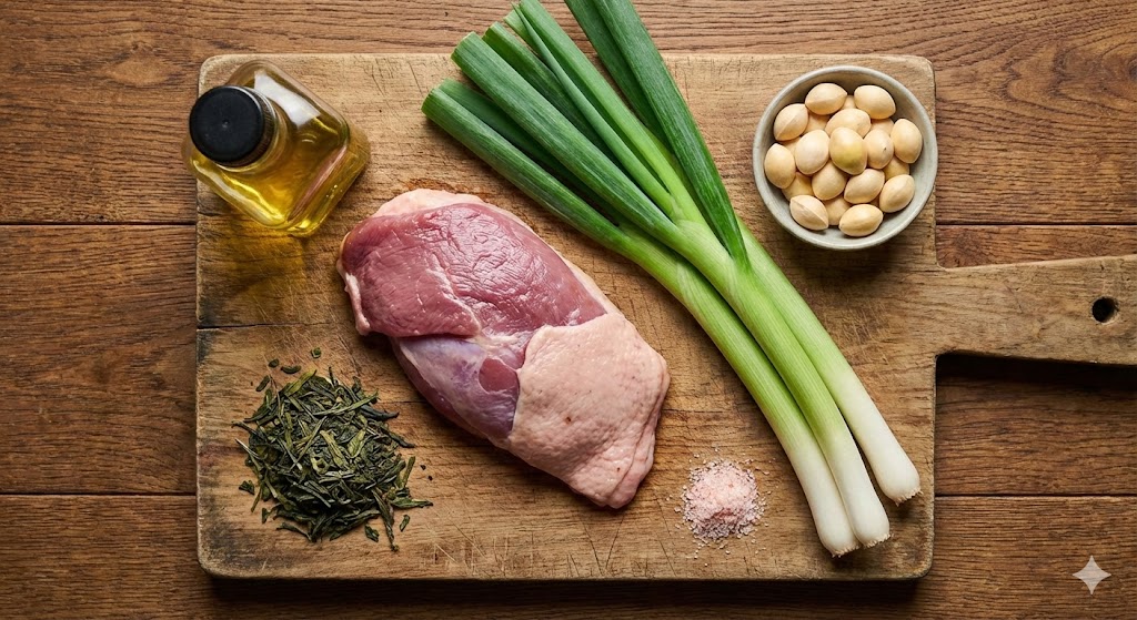 Fresh biohacking ingredients for Day 60, featuring raw duck meat, leeks, ginkgo nuts, and green tea leaves for cellular defense.