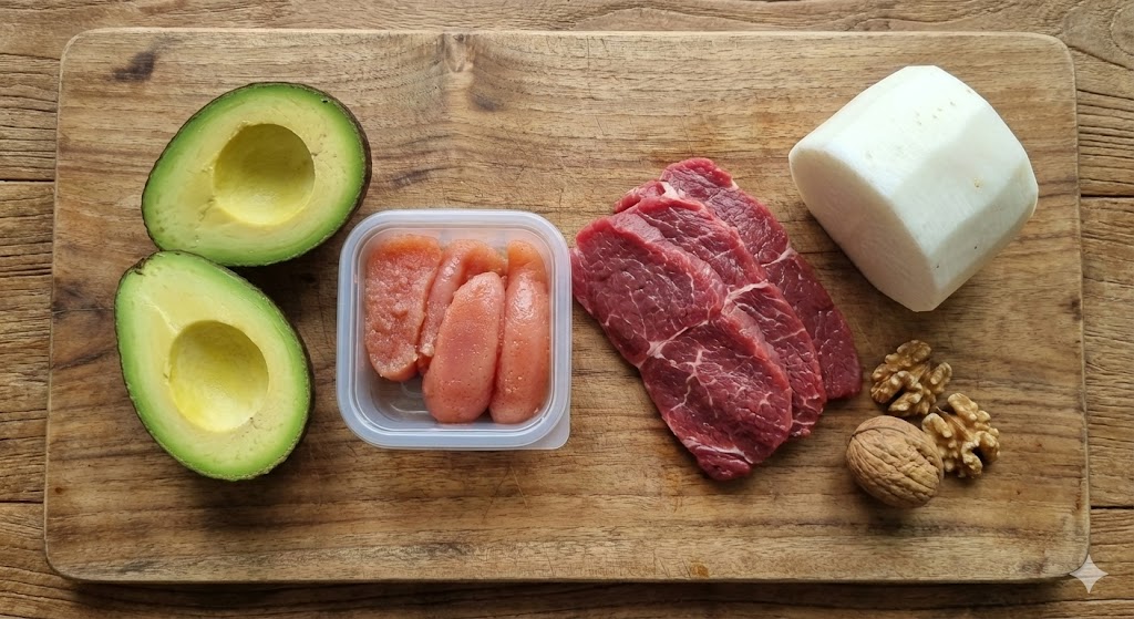 61일차 신경 지질 바이오해킹을 위한 잘 익은 아보카도, 저염 백명란, 신선한 소고기, 무, 호두가 도마 위에 정갈하게 준비된 모습.