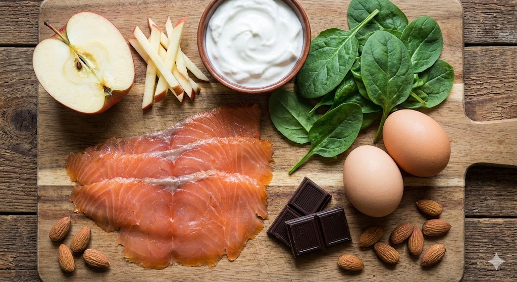 62일차 항염 바이오해킹 및 K-다이어트를 위한 오메가-3 풍부 훈제연어, 아삭한 사과, 시금치, 다크 초콜릿 재료 준비 컷.