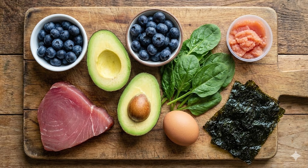 63일차 바이오해킹을 위한 자연산 참치, 잘 익은 아보카도, 블루베리, 시금치, 동물복지 유정란이 정갈하게 준비된 재료 컷.